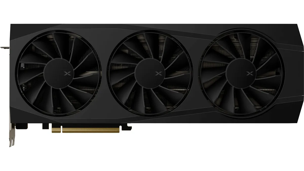 XFX Quicksilver Radeon RX 9070 XT graphics card with triple fans in black finish