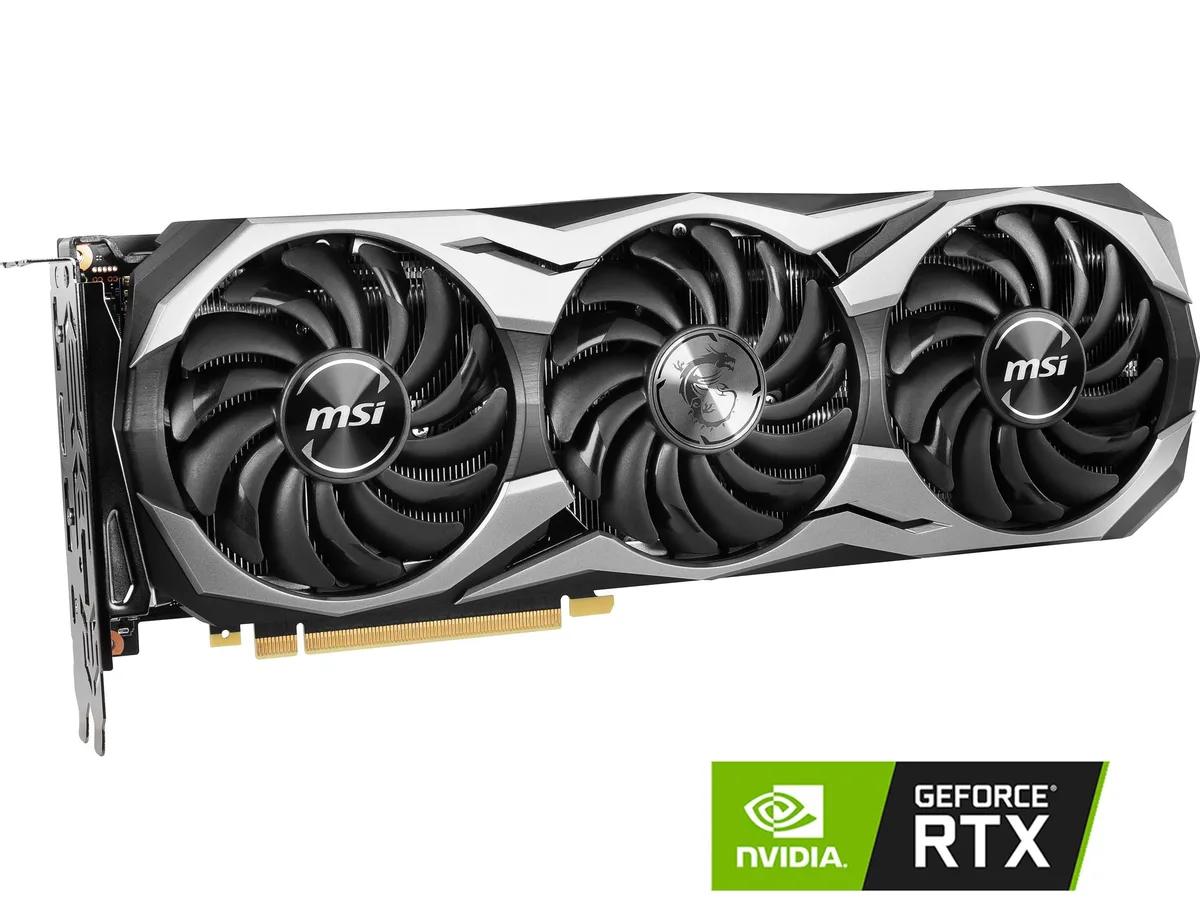 Full-length dual-slot graphics card with silver-grey metal shroud and three axial fans