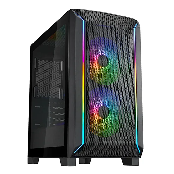 Black micro-ATX case with full mesh front panel, tempered glass side window, two pre-installed 140mm ARGB fans