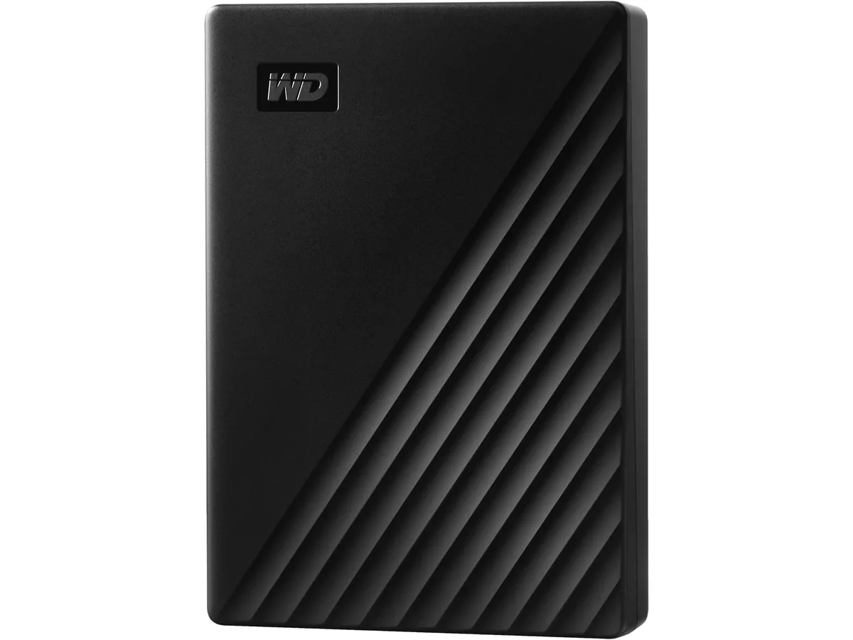 Black slim portable hard drive, rectangular with rounded edges