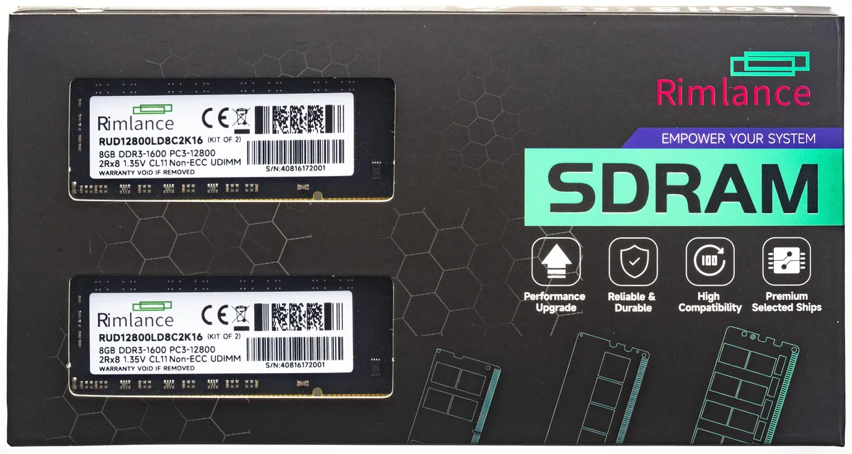 RIMLANCE RIMLANCE RUD12800LD8C2K16 16GB (2x8GB) DDR3 1600 CL11 1.35V UDIMM 240-Pin — photo du produit