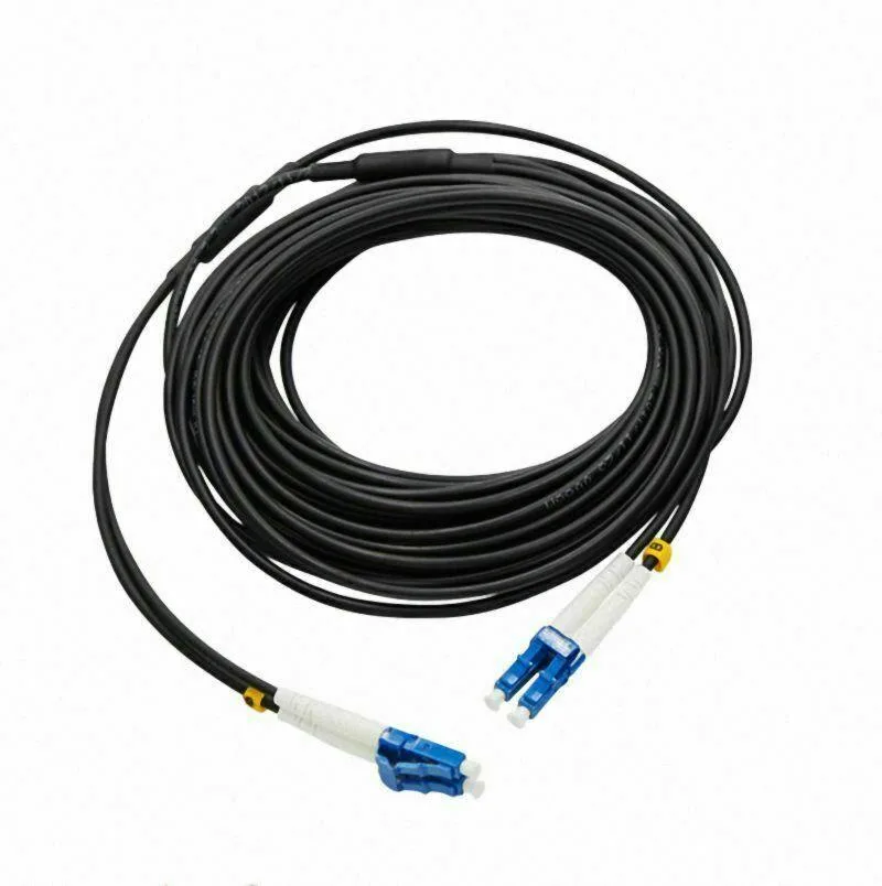 Black armored duplex fiber cable with LC UPC connectors on both ends