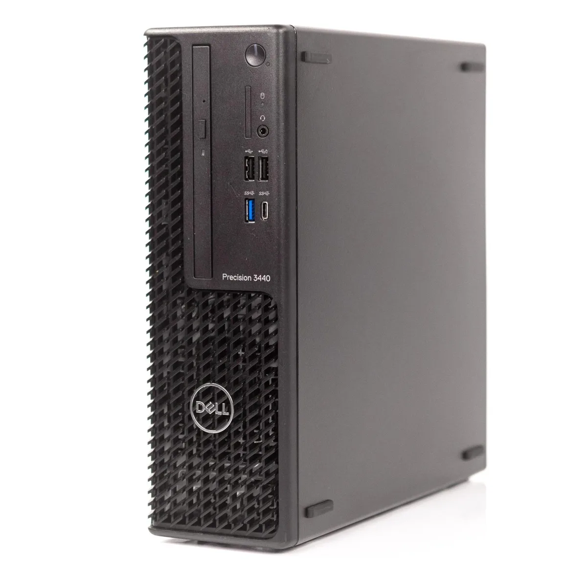 Compact black Dell Precision 3440 SFF tower, front panel shows USB ports and power button