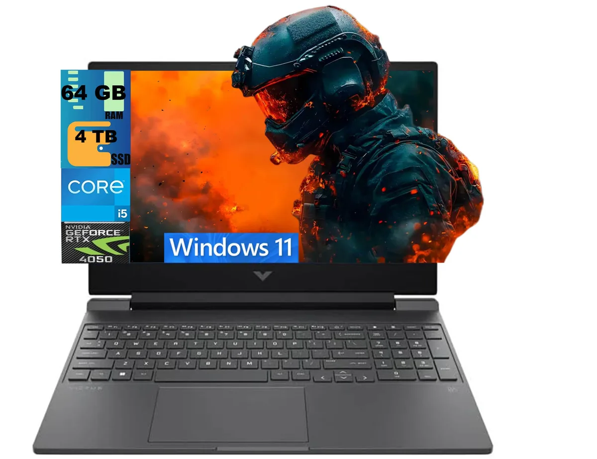 Black HP Victus 15 laptop with 15.6 inch FHD screen and backlit keyboard