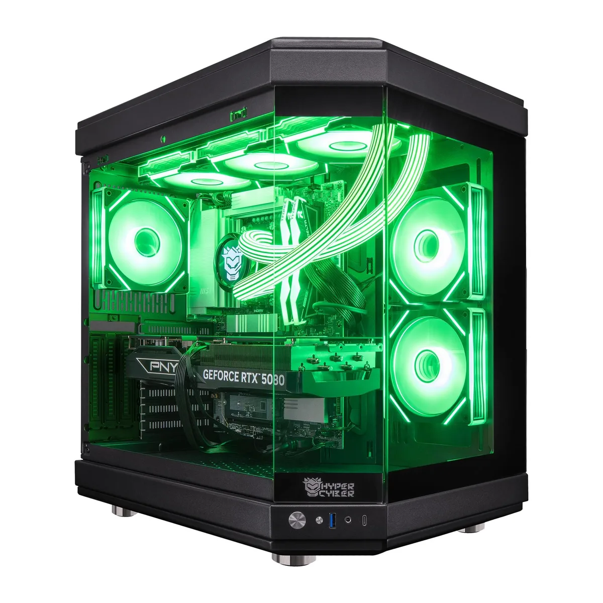 Black mid-tower gaming desktop with tempered glass side panel and RGB lighting visible inside