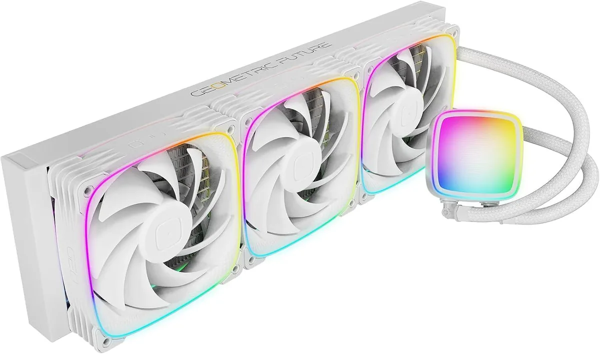 White 360 mm AIO with three 120 mm ARGB fans and illuminated pump block