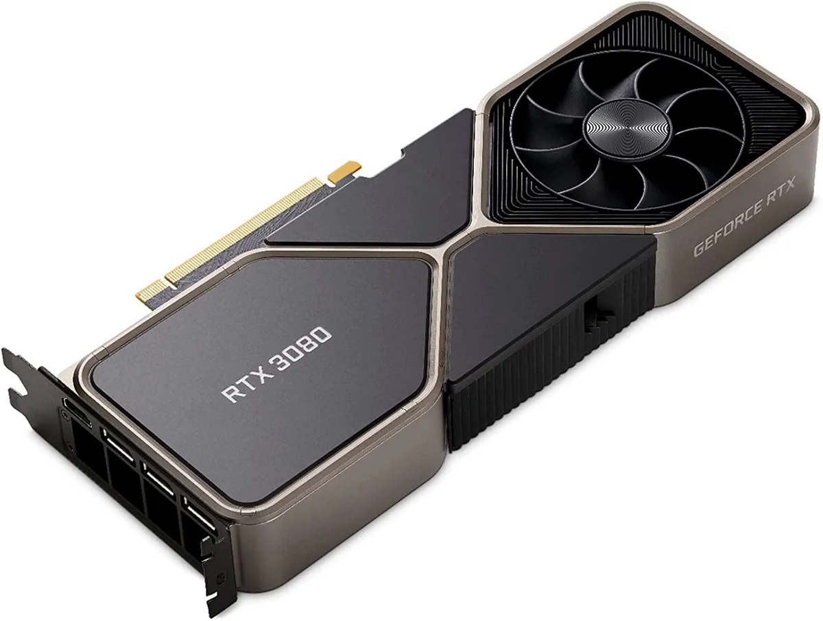 Silver dual-slot graphics card with angular shroud and exposed heatsink fins
