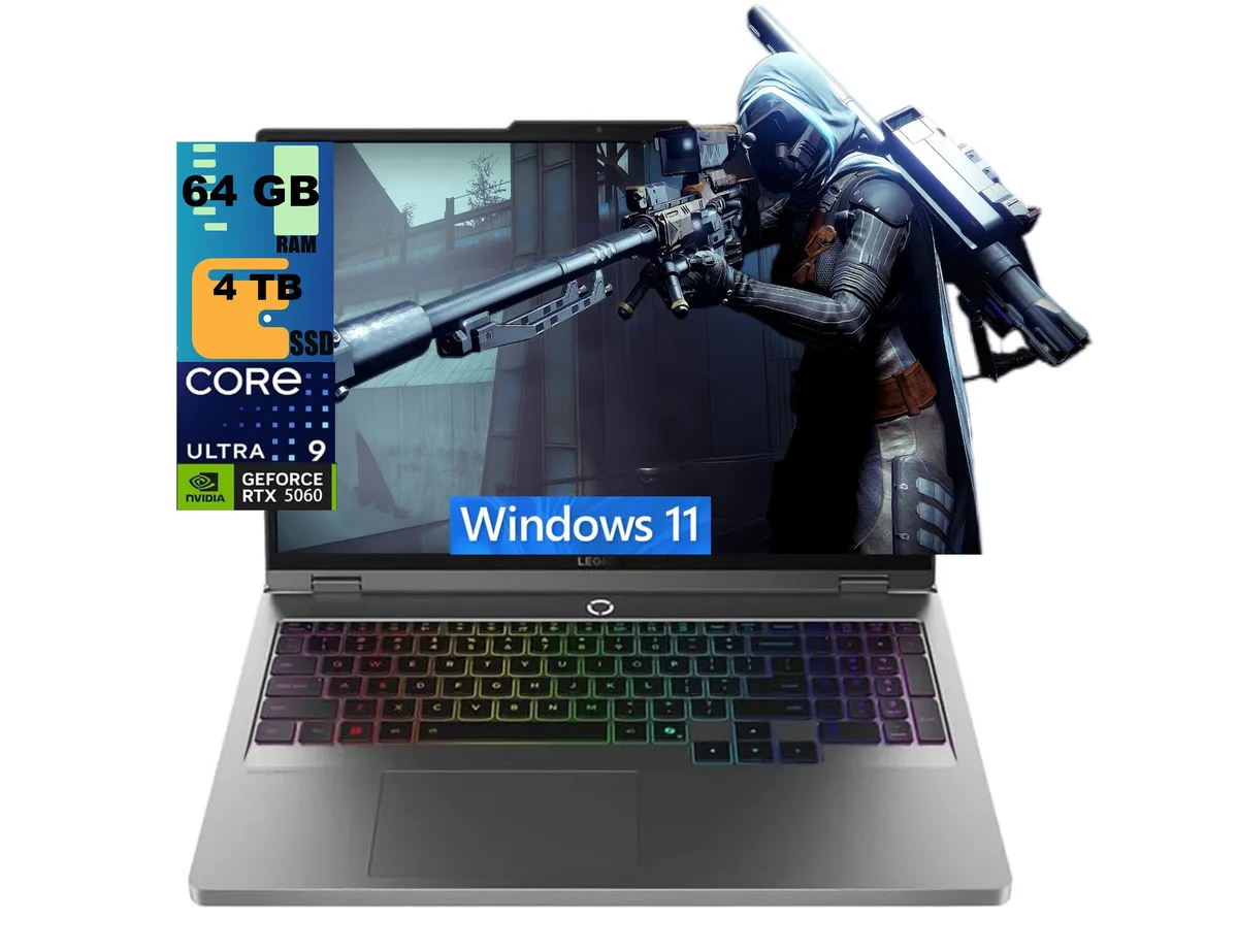 Gray 16-inch gaming laptop with slim matte finish and RGB keyboard