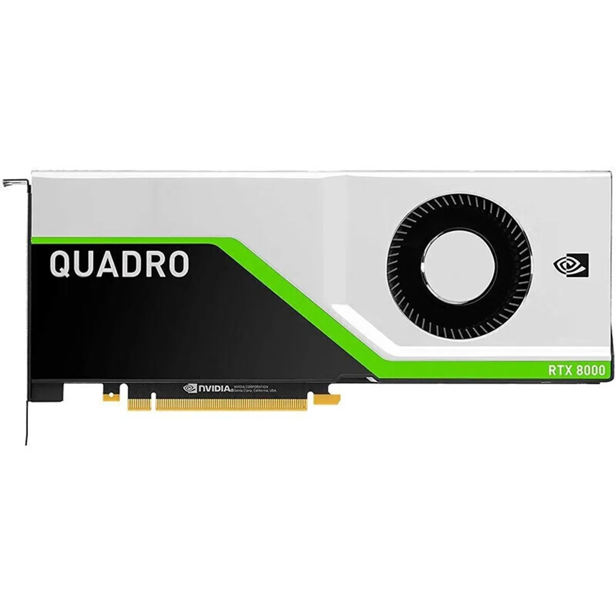 NVIDIA Quadro RTX 8000 graphics card, single-slot design with active cooling, silver metal finish