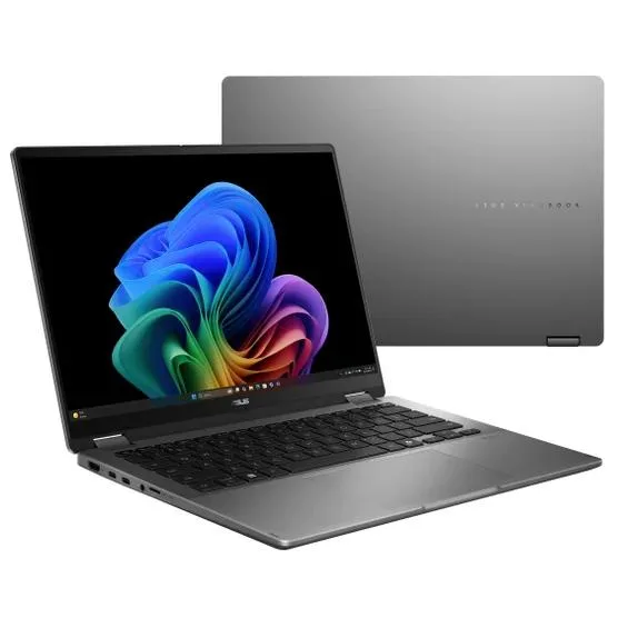 Matte gray aluminum convertible laptop with 14 inch OLED touchscreen and 360 degree hinge