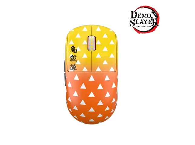 A small orange and white wireless gaming mouse with symmetrical shape and claw grip design