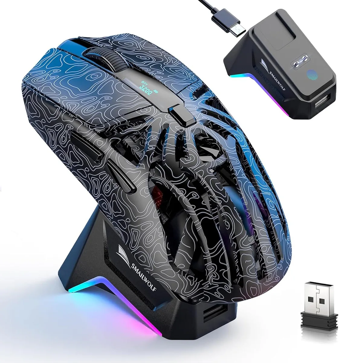 Hitoor Hitoor M8 Gaming Mouse 72g PAW3311 12000 DPI RGB Magnetic Dock Tri-Mode Black — fotografia produktu