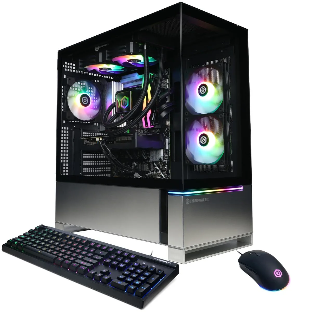 Black mid-tower gaming desktop with RGB lighting and glass side panel