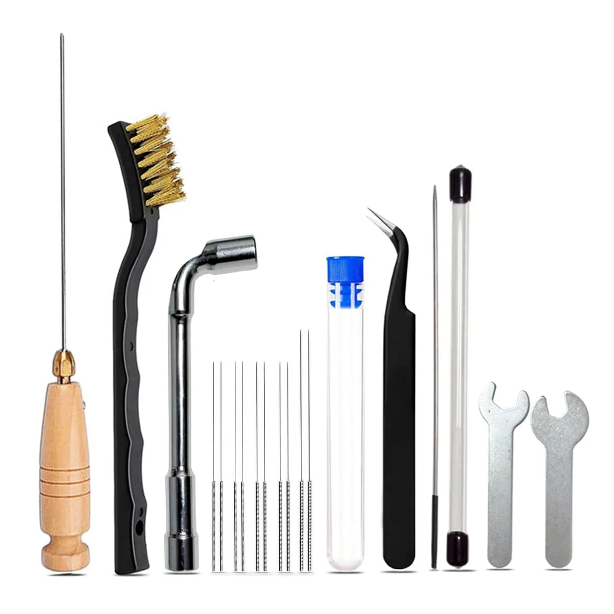 JUYINebule 3D 17-Piece Nozzle Cleaning Kit 1.75mm 150mm 10 Needles Tweezers Brush Wrenches — 商品照片