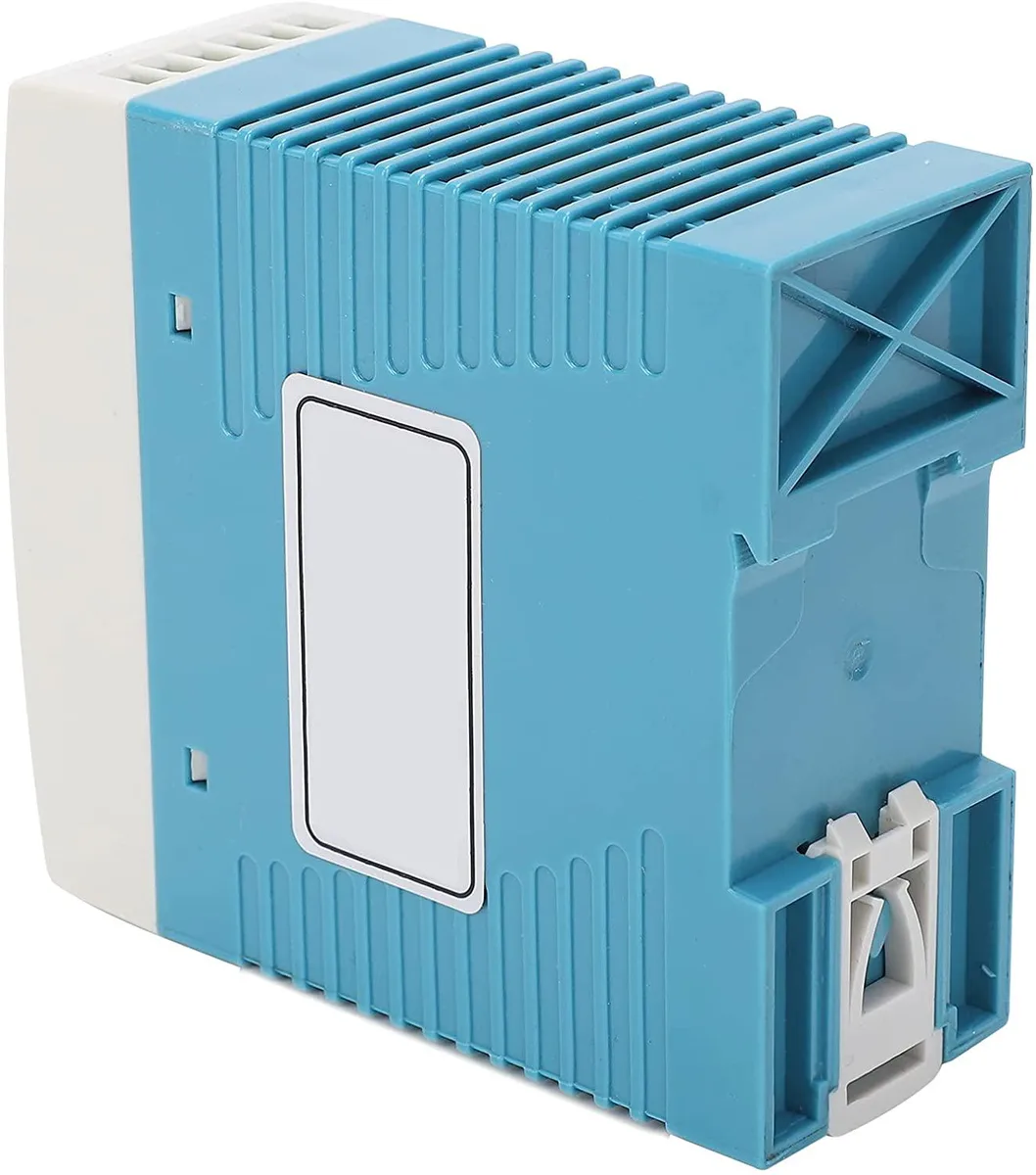 Compact grey ABS DIN-rail power supply, screw terminals visible