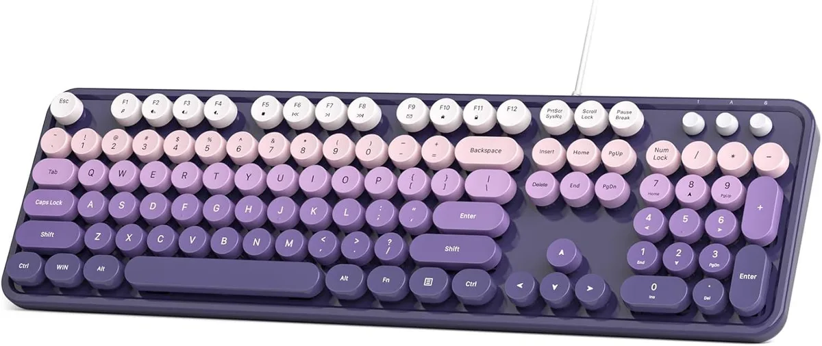 Full-size wired keyboard with purple gradient keycaps, typewriter style, foldable stands