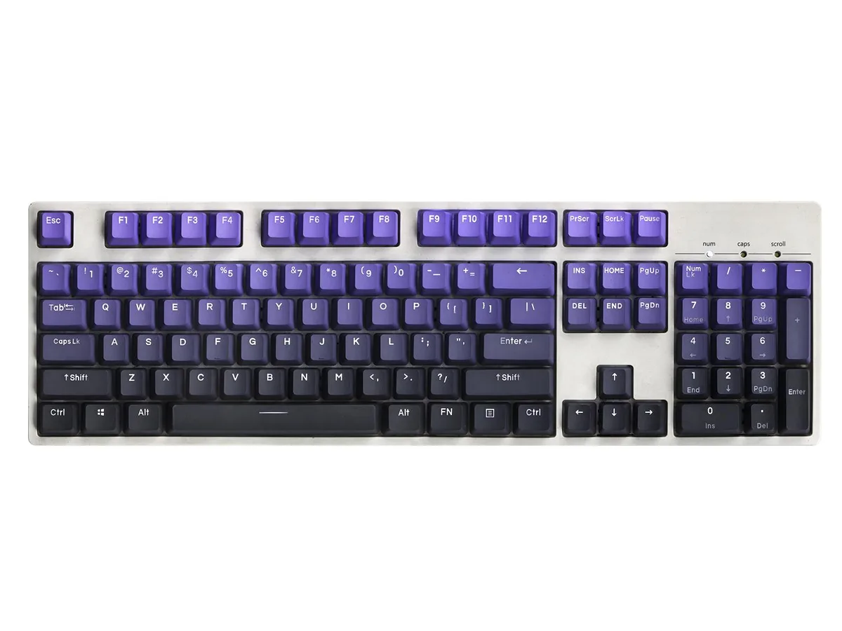 A full set of 122 purple PBT keycaps with translucent legends in OEM profile