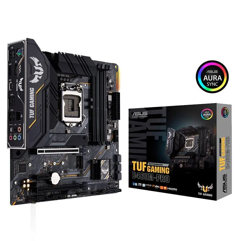 ASUS TUF GAMING B460M-PRO micro ATX motherboard with dark heatsinks and reinforced PCIe slot