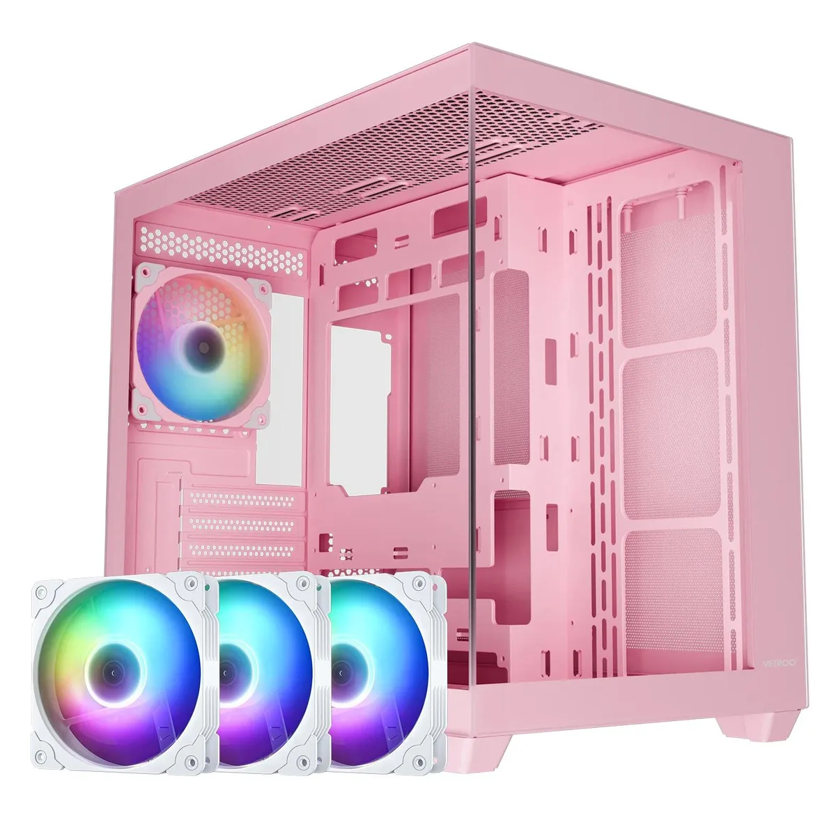 Pink ATX mid tower case with 270° tempered glass side panel, three white 120 mm ARGB fans visible inside