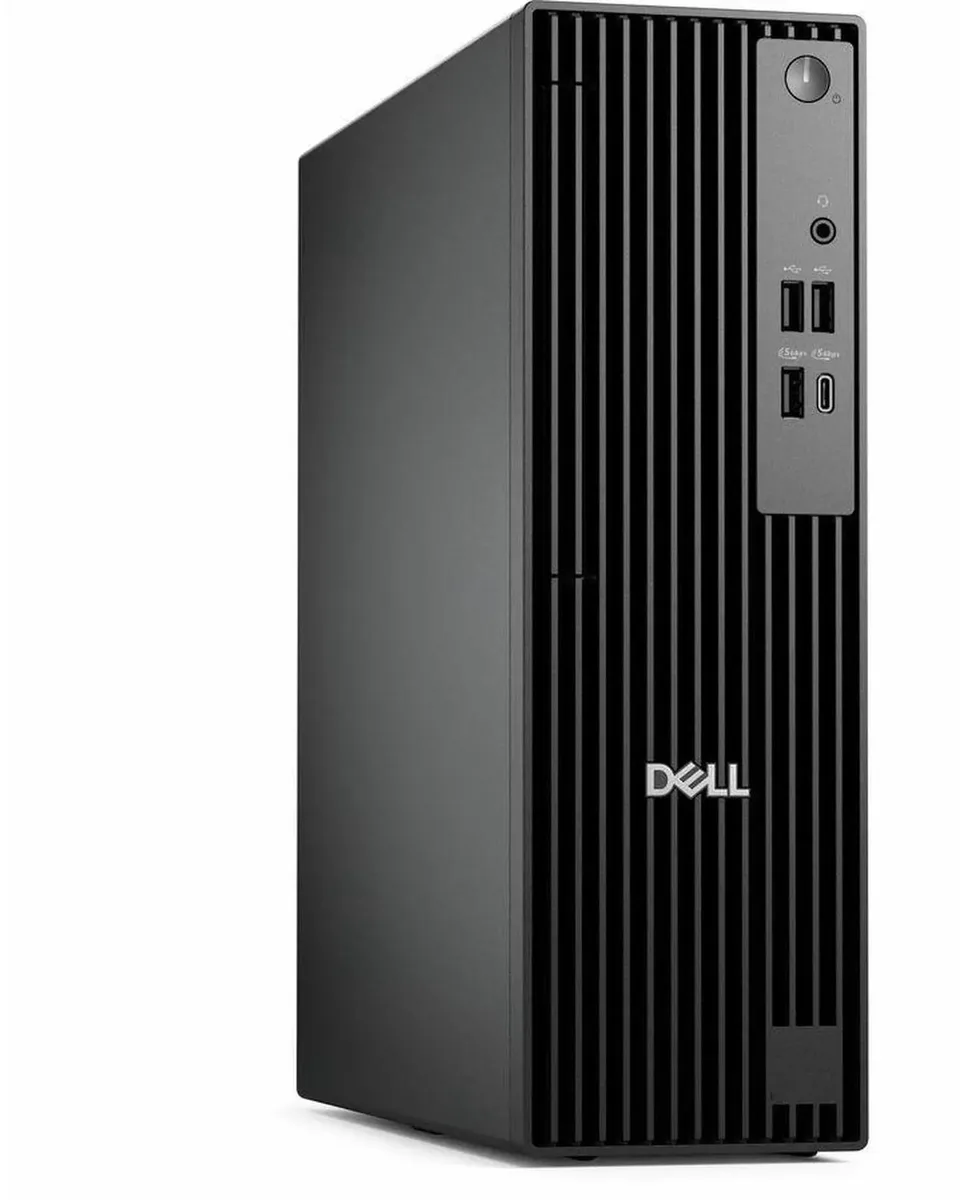 Small black desktop tower with compact chassis and front USB ports
