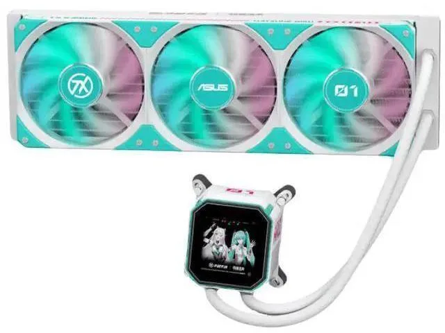 ASUS TX Gaming LC III 360 ARGB LCD Miku Edition, 2.8 LCD, 360mm radiator, three 120mm ARGB fans, braided tubing