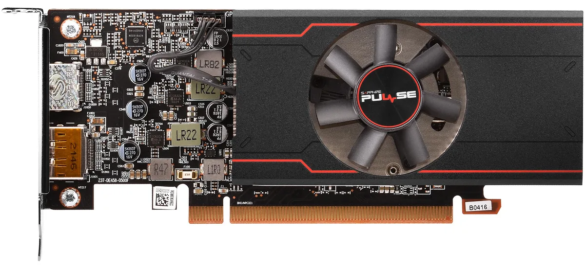 Black single-fan graphics card with one HDMI and one DisplayPort 1.4