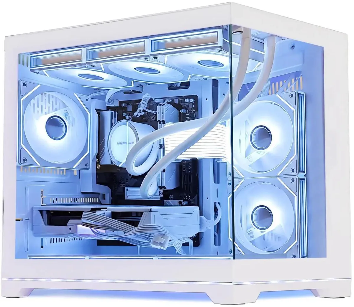 White mid-tower gaming PC with 360 mm liquid cooler and ARGB fans