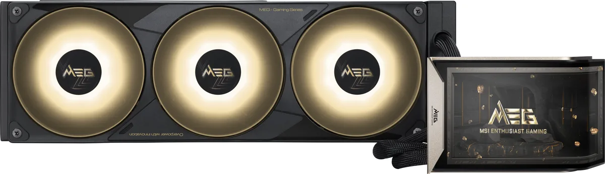 MSI MEG Coreliquid E15 360 AIO with 6.67 inch curved AMOLED display and three fans on 360mm radiator