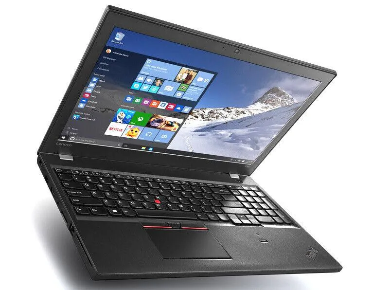 Black Lenovo ThinkPad T560 laptop closed showing matte finish and red TrackPoint nub