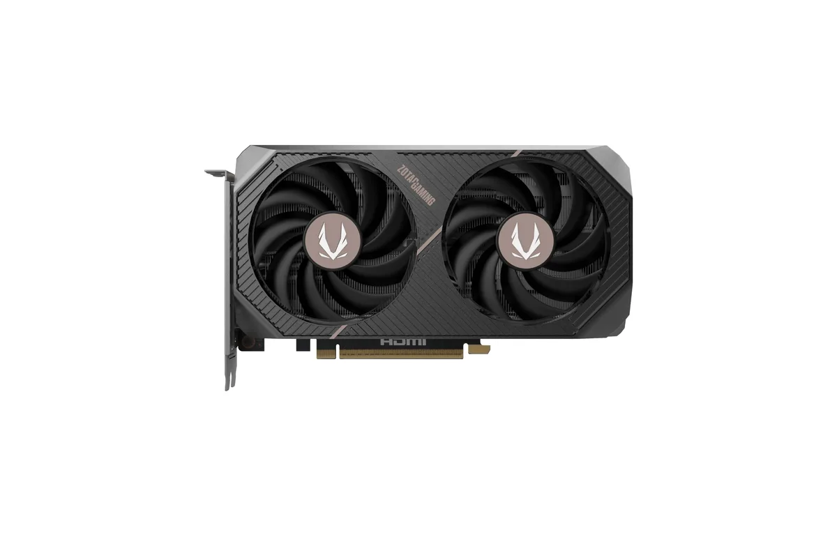 Black ZOTAC AMP graphics card with dual fans and metal backplate