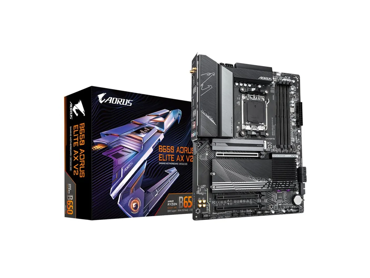 Rectangular ATX motherboard in dark grey with silver heatsinks and a metallic rear I/O shield