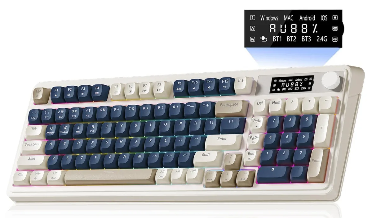 Blue-white 99-key membrane keyboard with rotary knob and LED display