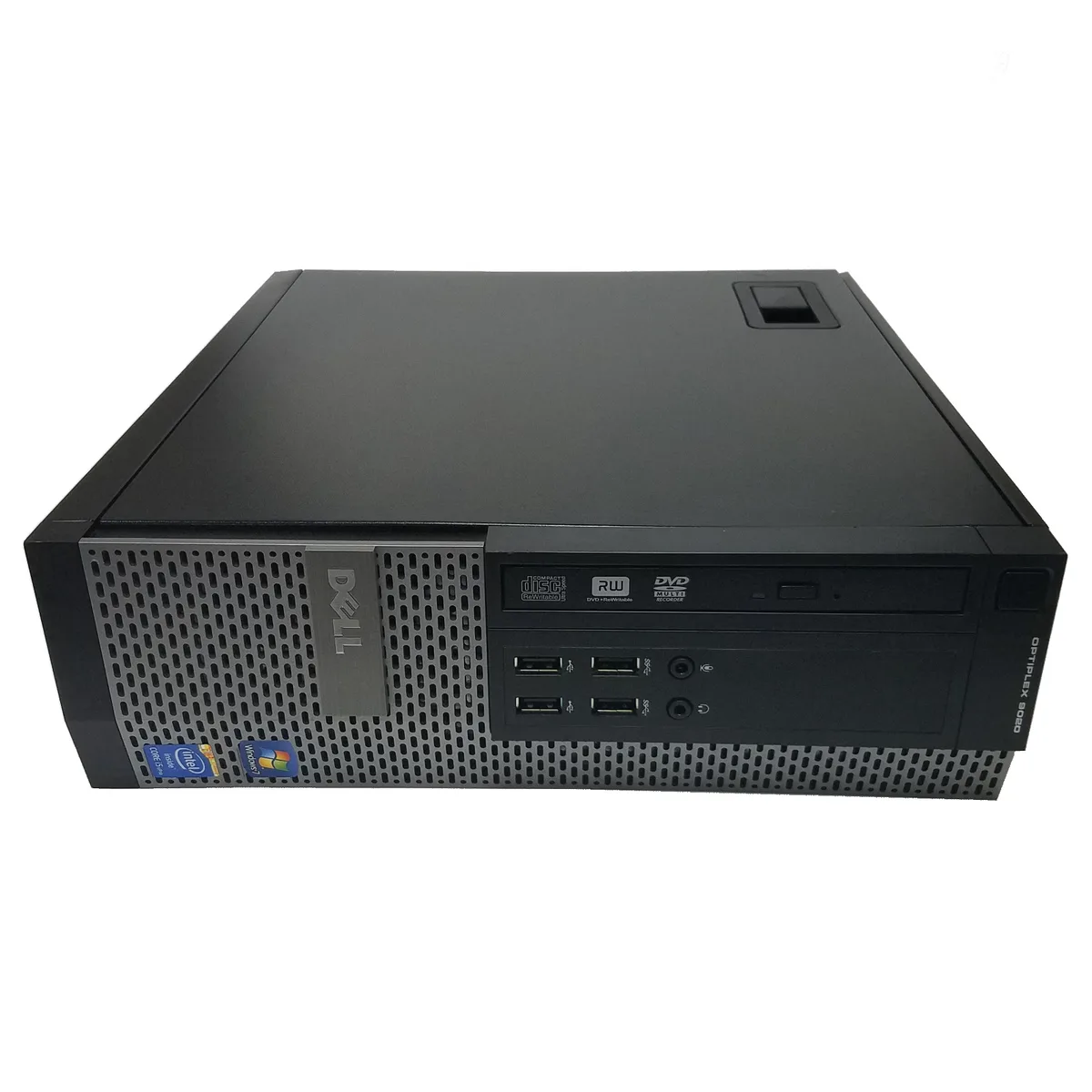 Black and silver small form factor desktop tower with DVD drive slot