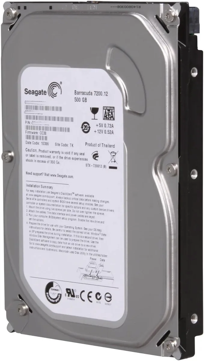 Silver rectangular 3.5 inch hard drive with circuit board visible on underside and SATA connectors on one end