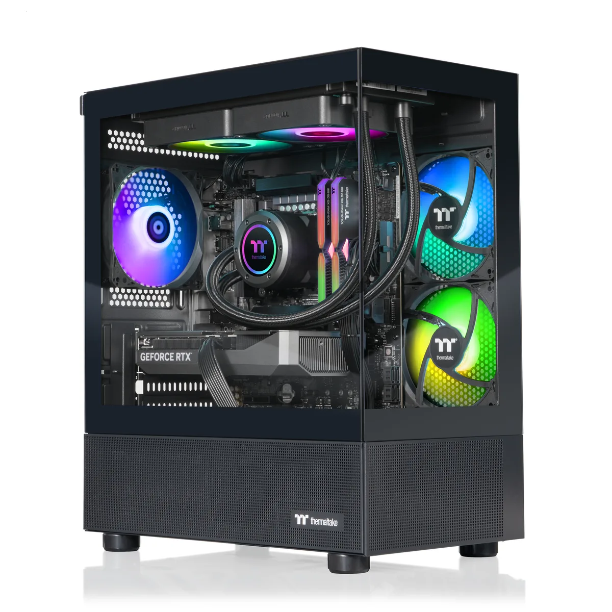 Black mid-tower gaming desktop with ARGB liquid cooler visible through glass side panel