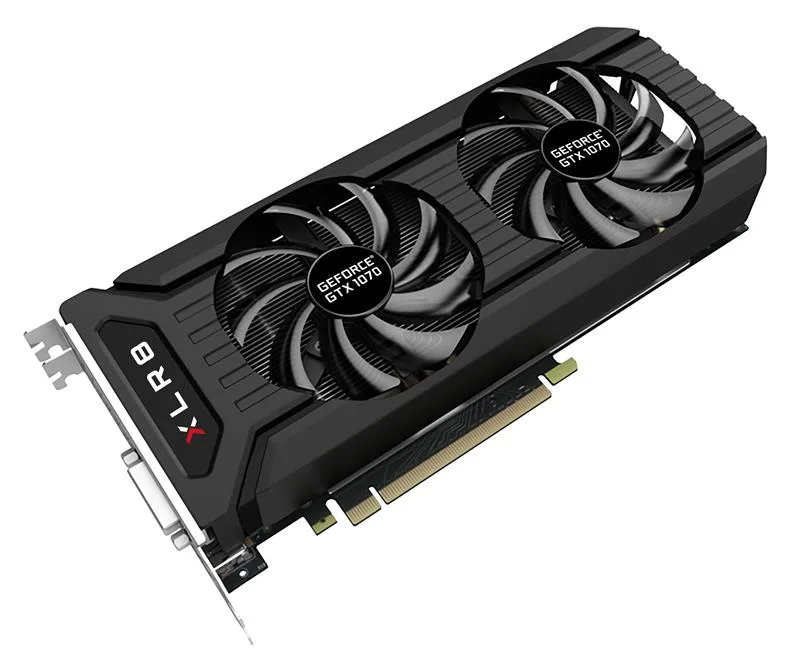 PNY GeForce GTX 1070 8GB XLR8 OC dual-fan graphics card, black metal shroud with silver accents, exposed PCB edge, gold PCIe
