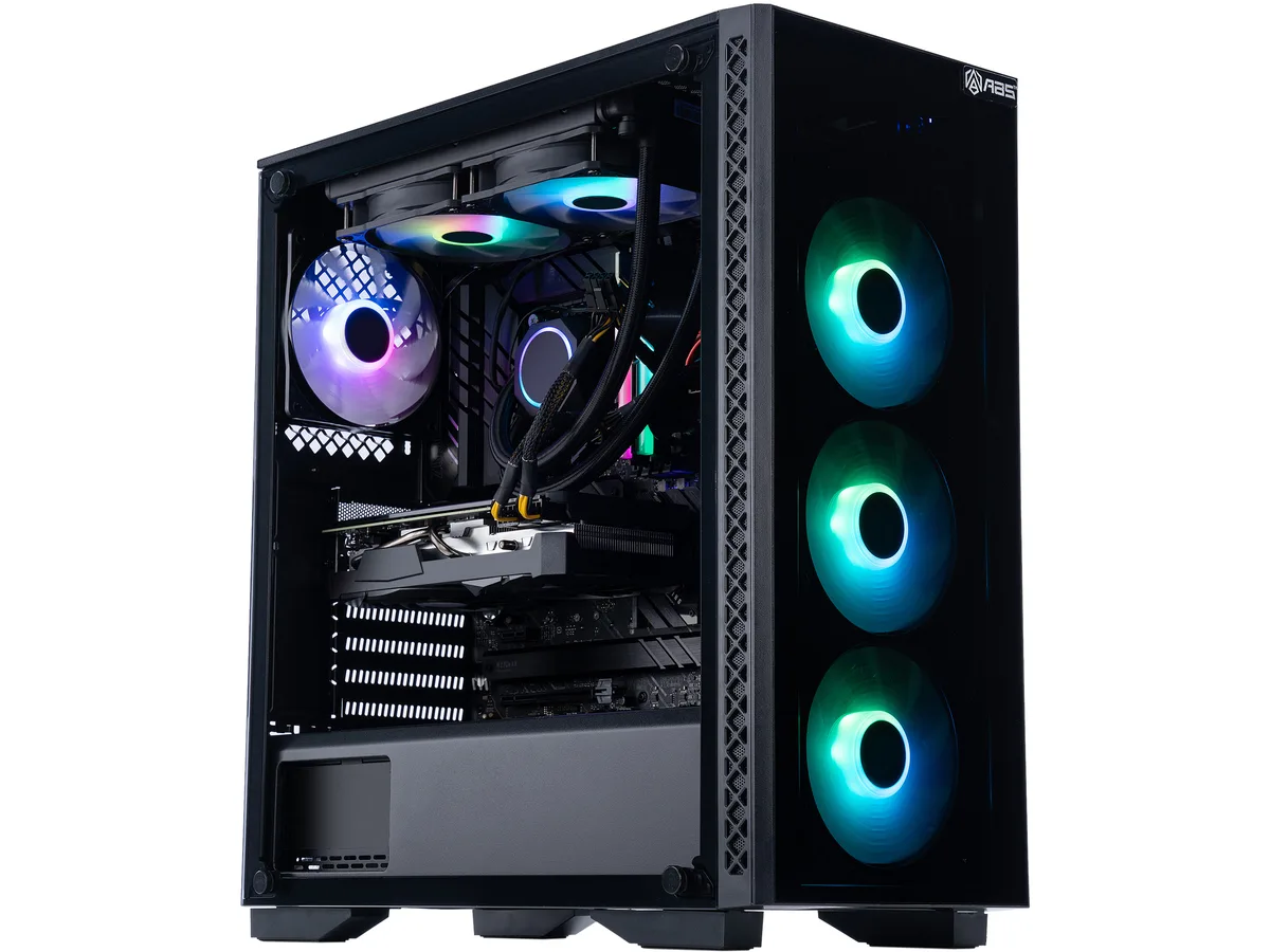 Black mid-tower PC case with RGB liquid cooler and four RGB fans