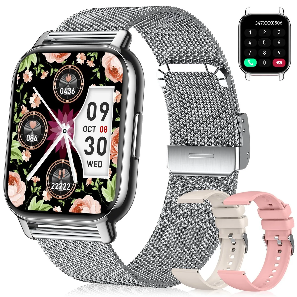 LIMTZOPY Smart Watch Silver 1.85" 3 Bands Bluetooth 5.3 IP68 — produktfoto