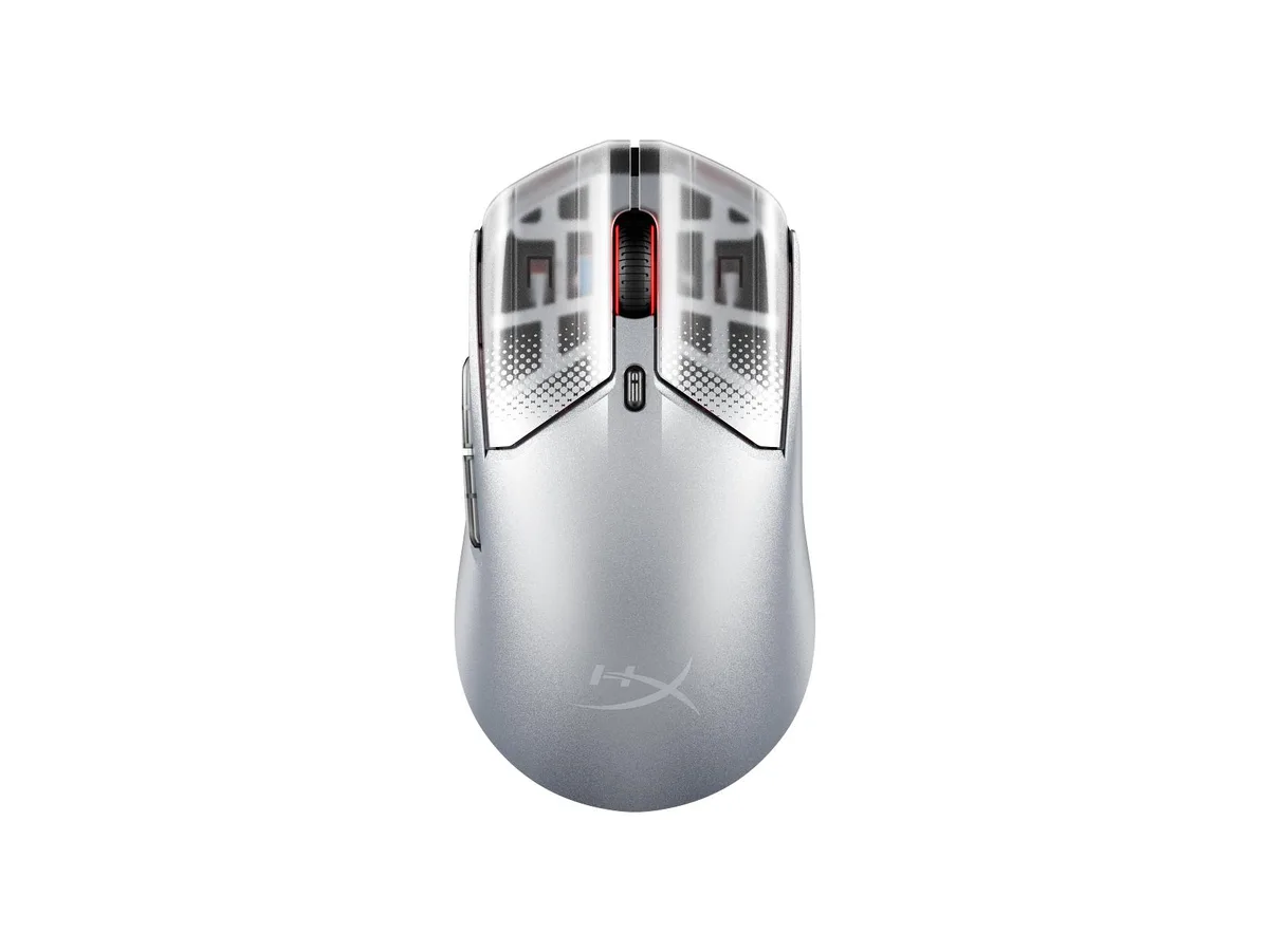 Silver wireless gaming mouse with lightweight honeycomb shell