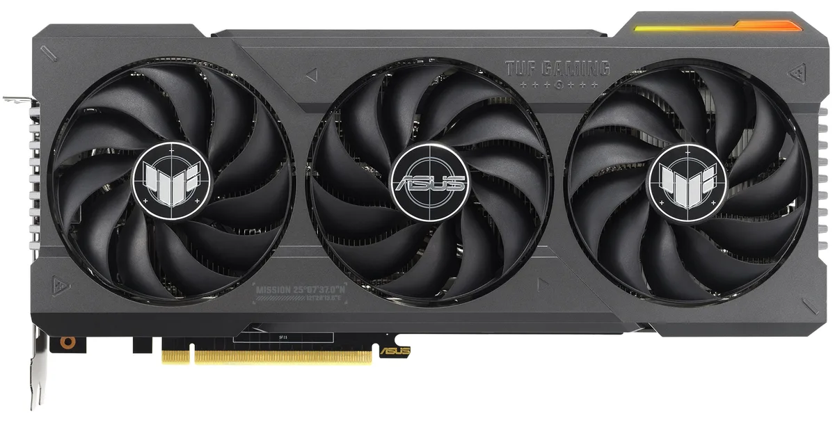 Full-length triple-fan graphics card in dark gunmetal with metal backplate and visible heatpipes