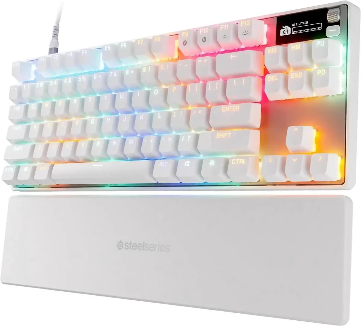 White tenkeyless keyboard with aluminium frame, detachable wrist rest and OLED display