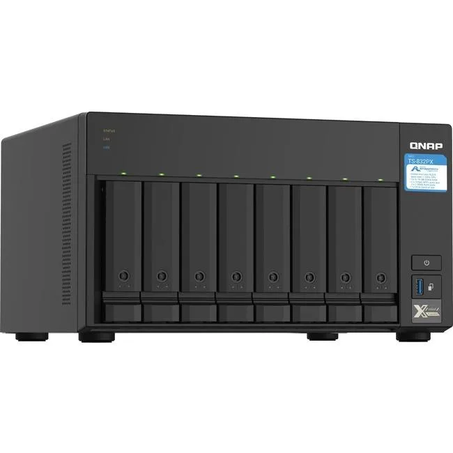 Rectangular silver desktop NAS with eight drive bays visible on the front panel