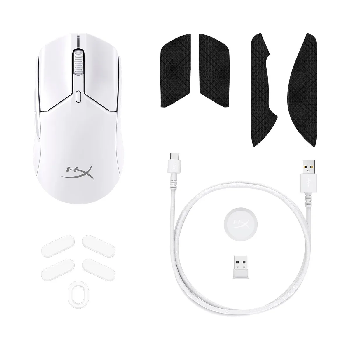 Compact white wireless gaming mouse with honeycomb shell, USB dongle and grip tapes
