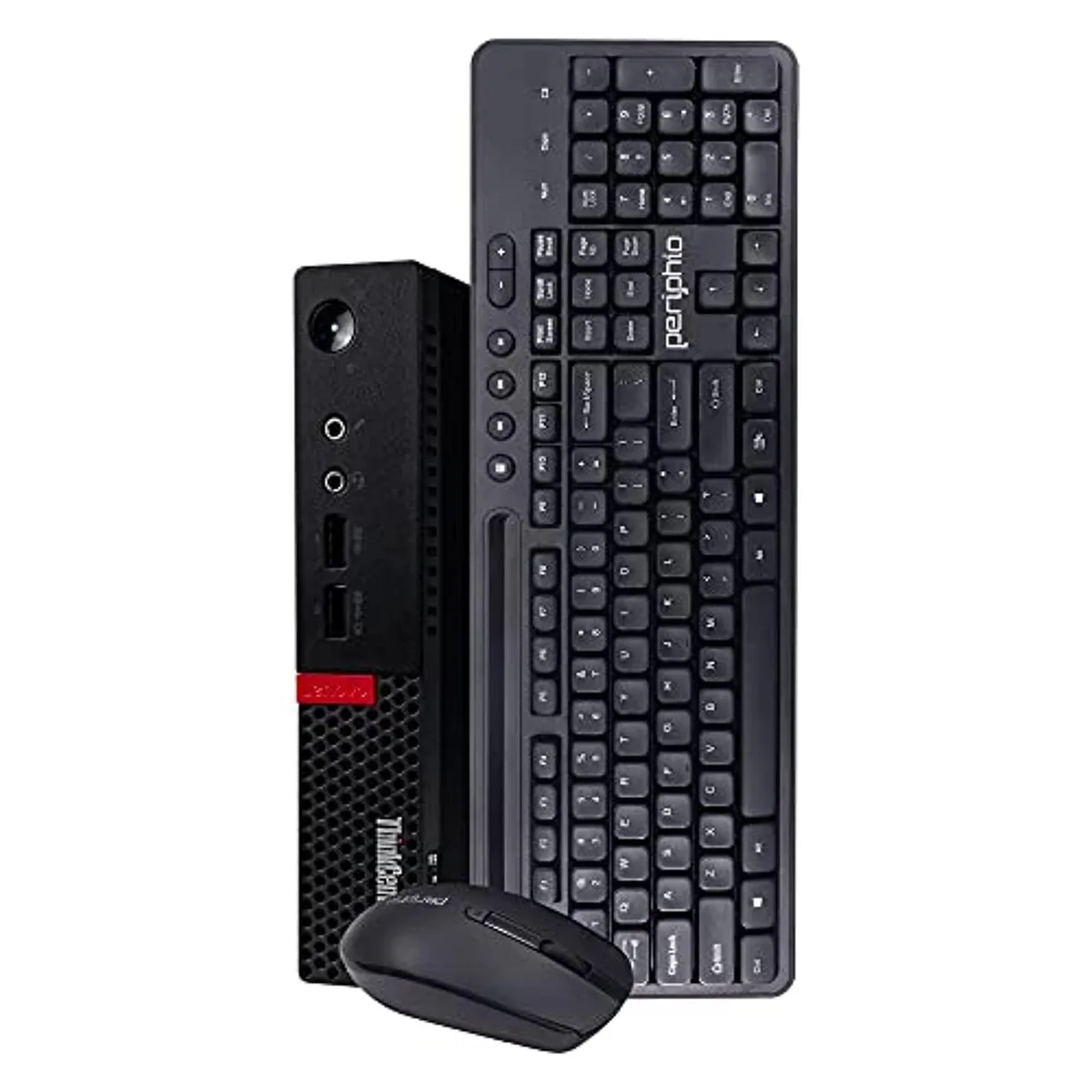 Small black rectangular desktop tower with wireless keyboard and mouse
