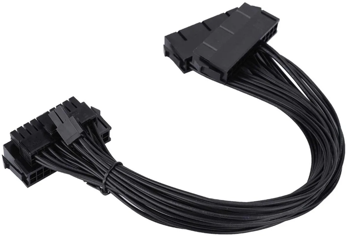 Black dual PSU adapter cable with 24-pin main and two secondary connectors, 85cm long