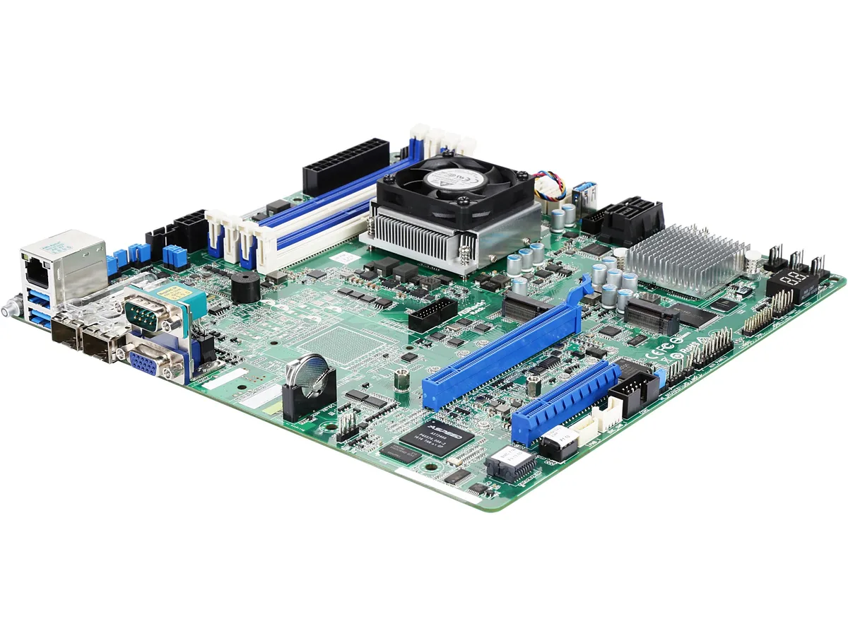 Green uATX server motherboard with silver heatsinks and two SFP+ ports