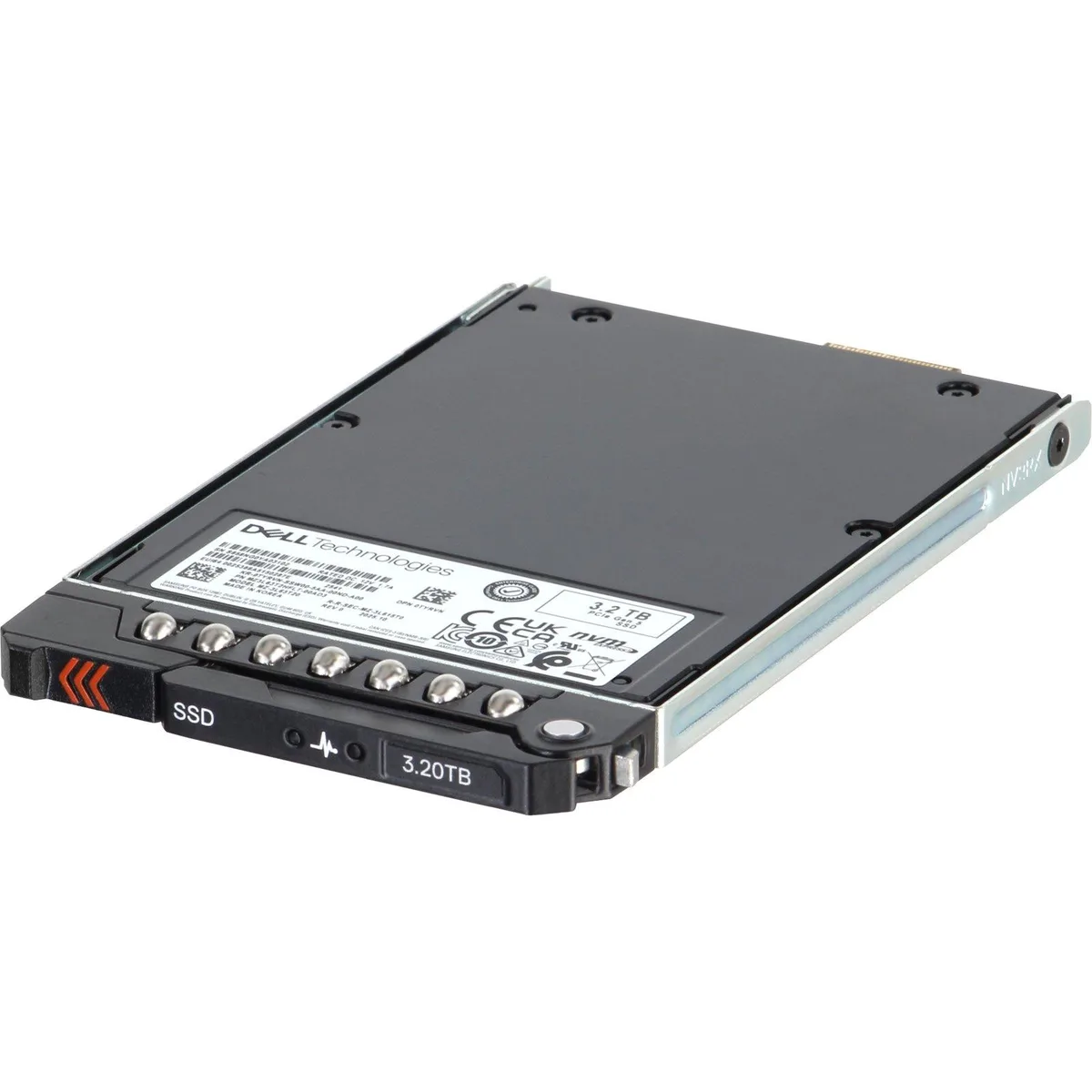 A slim E3.S enterprise SSD with a green circuit board and silver label