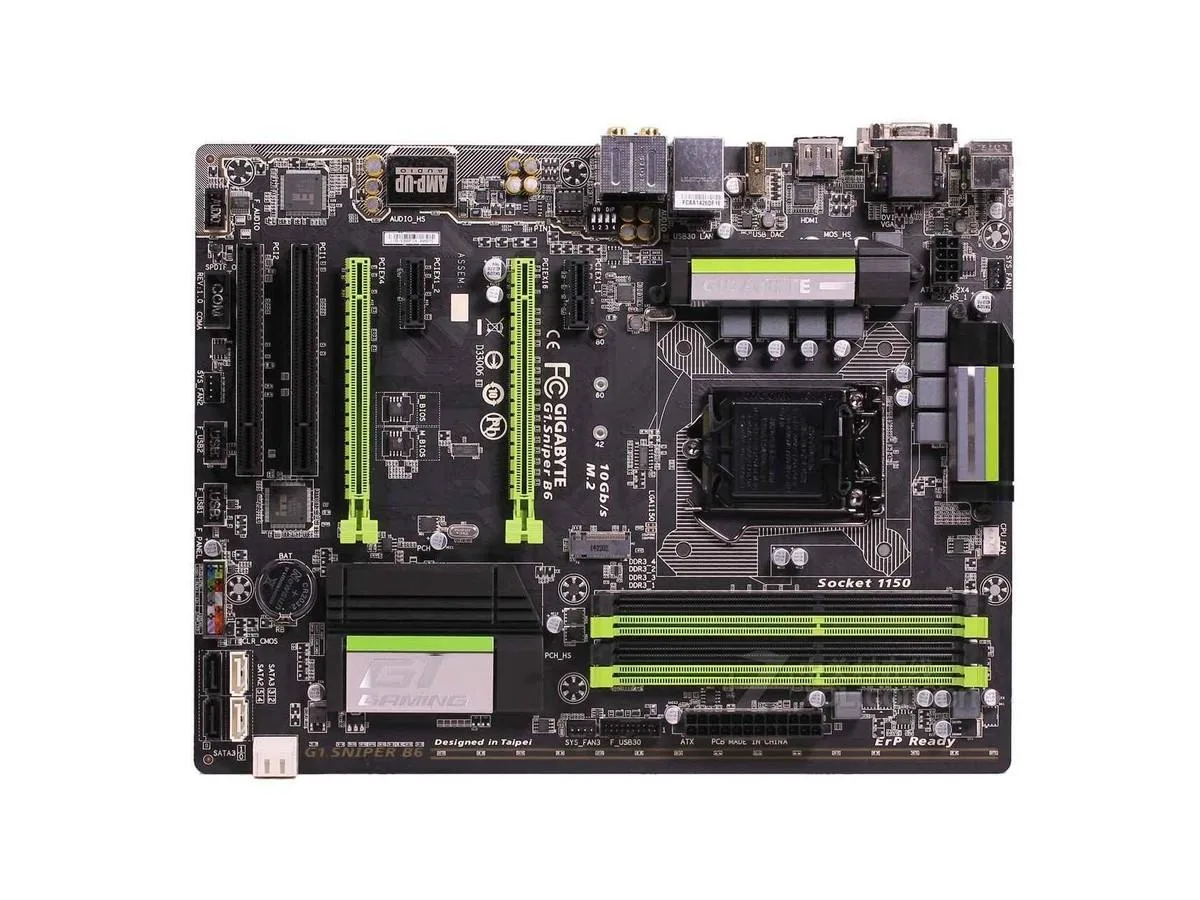 ATX motherboard, black PCB with gold accents, LGA 1150 socket, four DDR3 slots, PCIe x16 slot, rear I/O panel visible