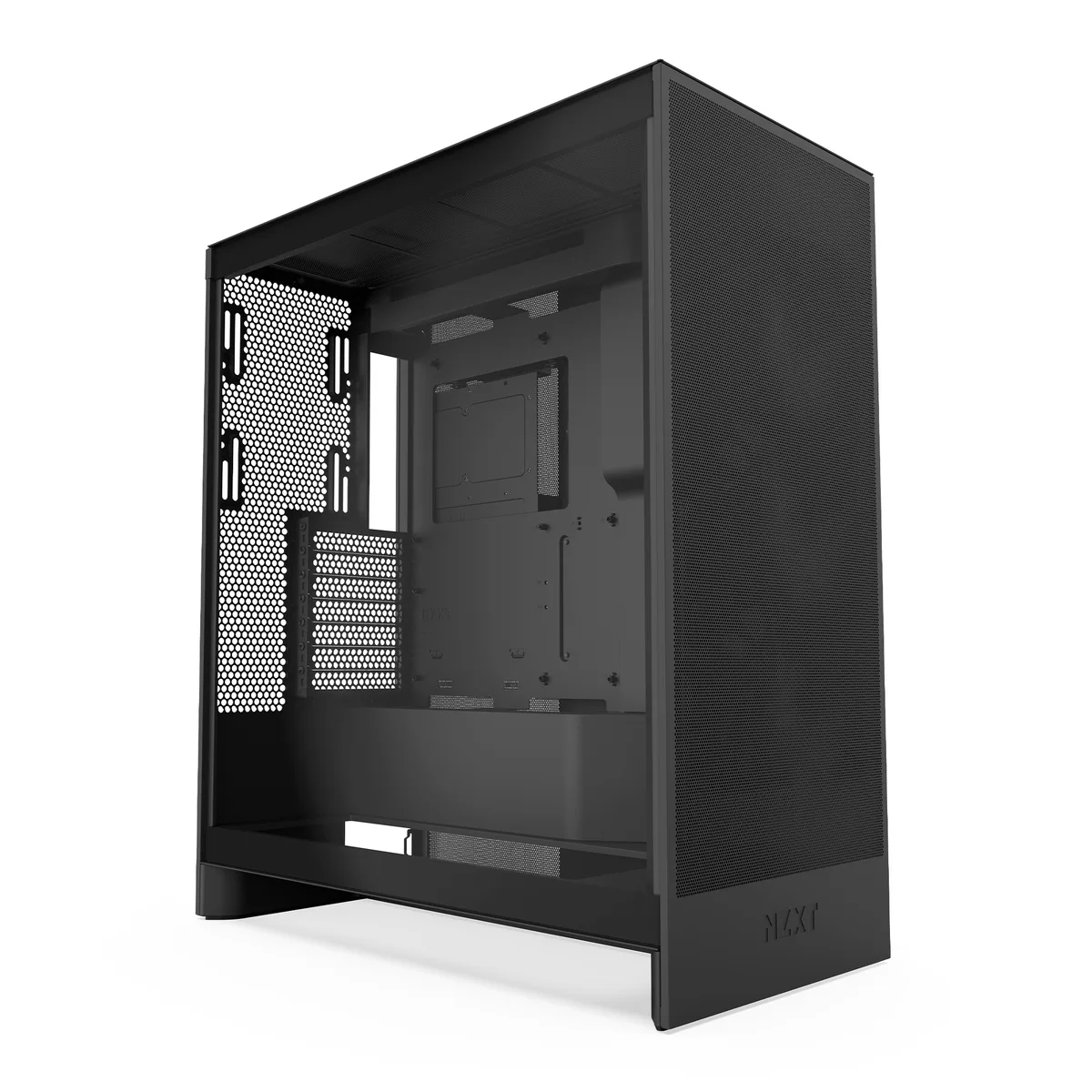 Black mid-tower case with dark tinted tempered glass side panel and mesh front, three 120mm fans visible inside