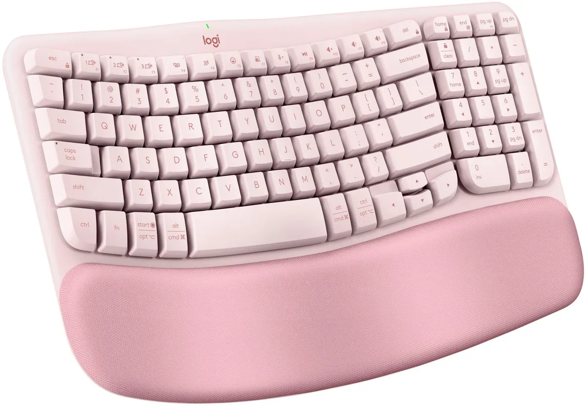 Rose ergonomic wireless keyboard with integrated cushioned palm rest and wave-shaped key layout